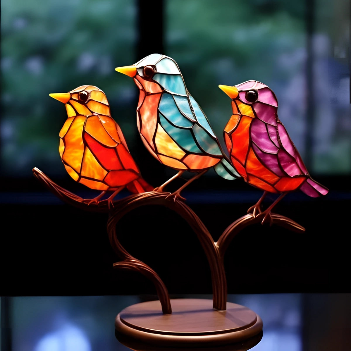Colorful stained glass bird sculpture featuring three vibrant songbirds with electric blue accents, perched artistically in a creative art decor style.