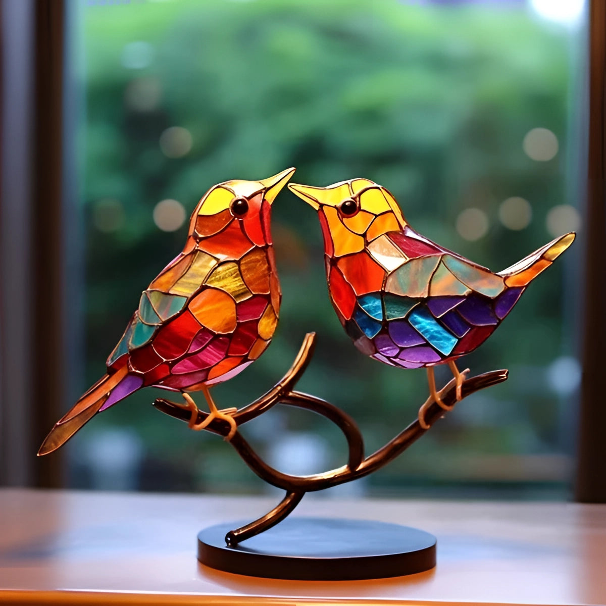 Colorful stained glass bird sculpture featuring two vibrant birds with symmetrical wings in electric blue and magenta hues, used as an art decor piece.