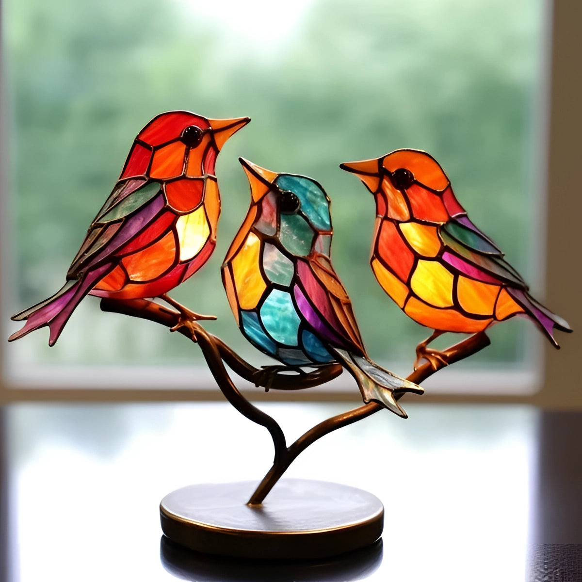 Colorful stained glass sculpture featuring three vibrant songbirds with detailed feathers and beaks, showcasing artistic craftsmanship in bird art decor.