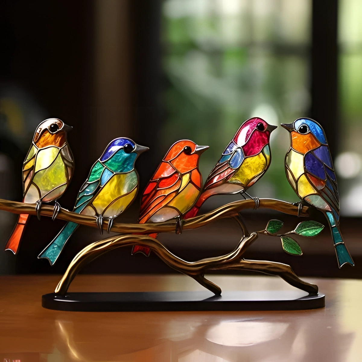 Colorful stained glass sculpture featuring five vibrant, intricately designed birds with detailed feathers and beaks, showcasing a unique blend of art and wildlife decor.