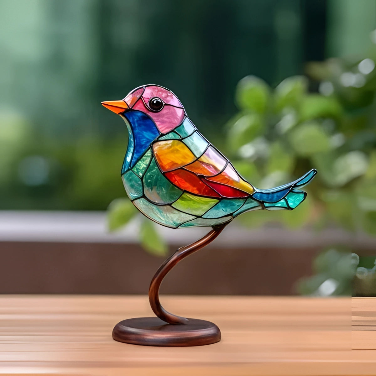 Colorful stained glass bird sculpture featuring a vibrant and artistic songbird with electric blue feathers and detailed wings, perched on a wooden base.