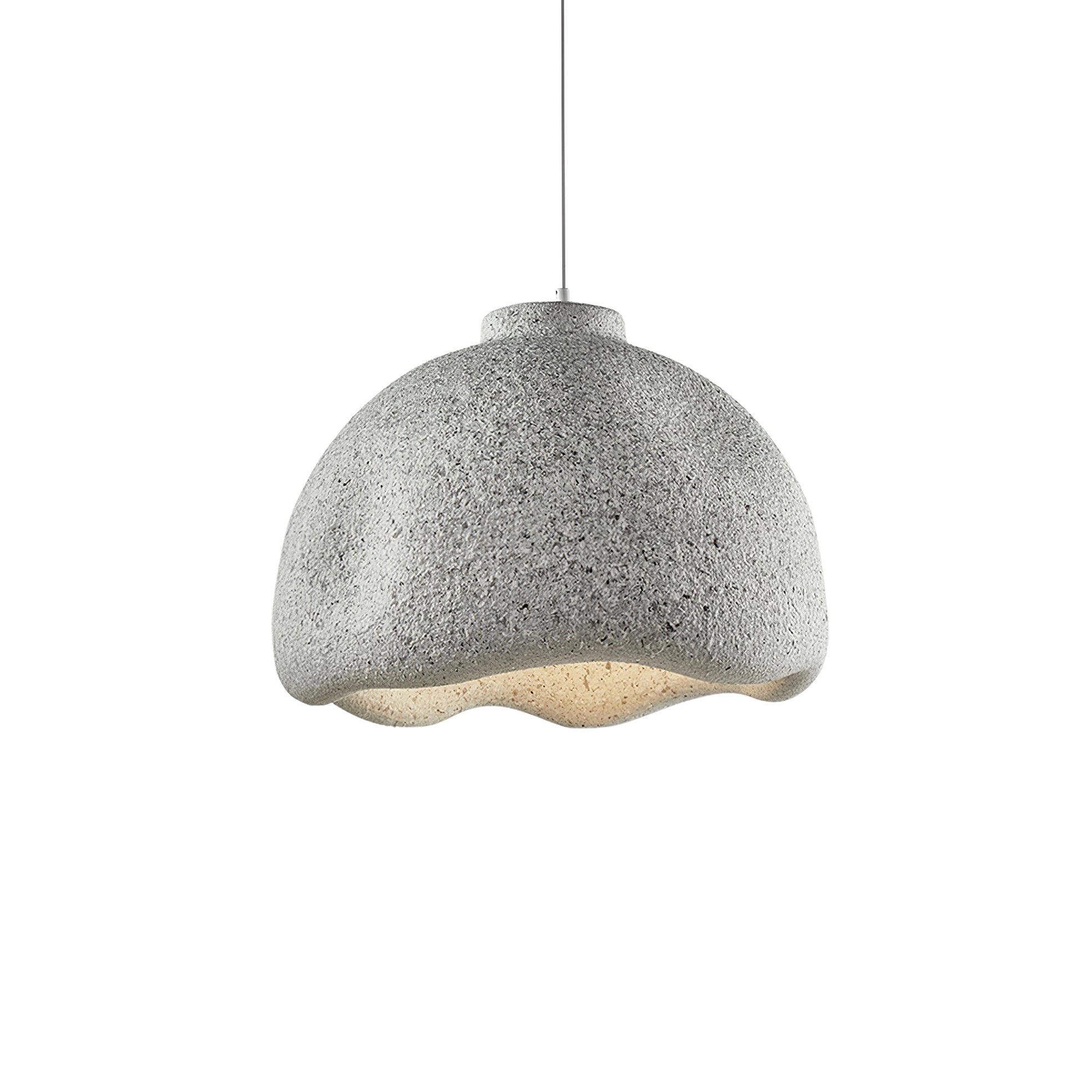 Concrete pendant light featuring a minimalist and industrial design, with a 23.6-inch gray shade, suspended from the ceiling.