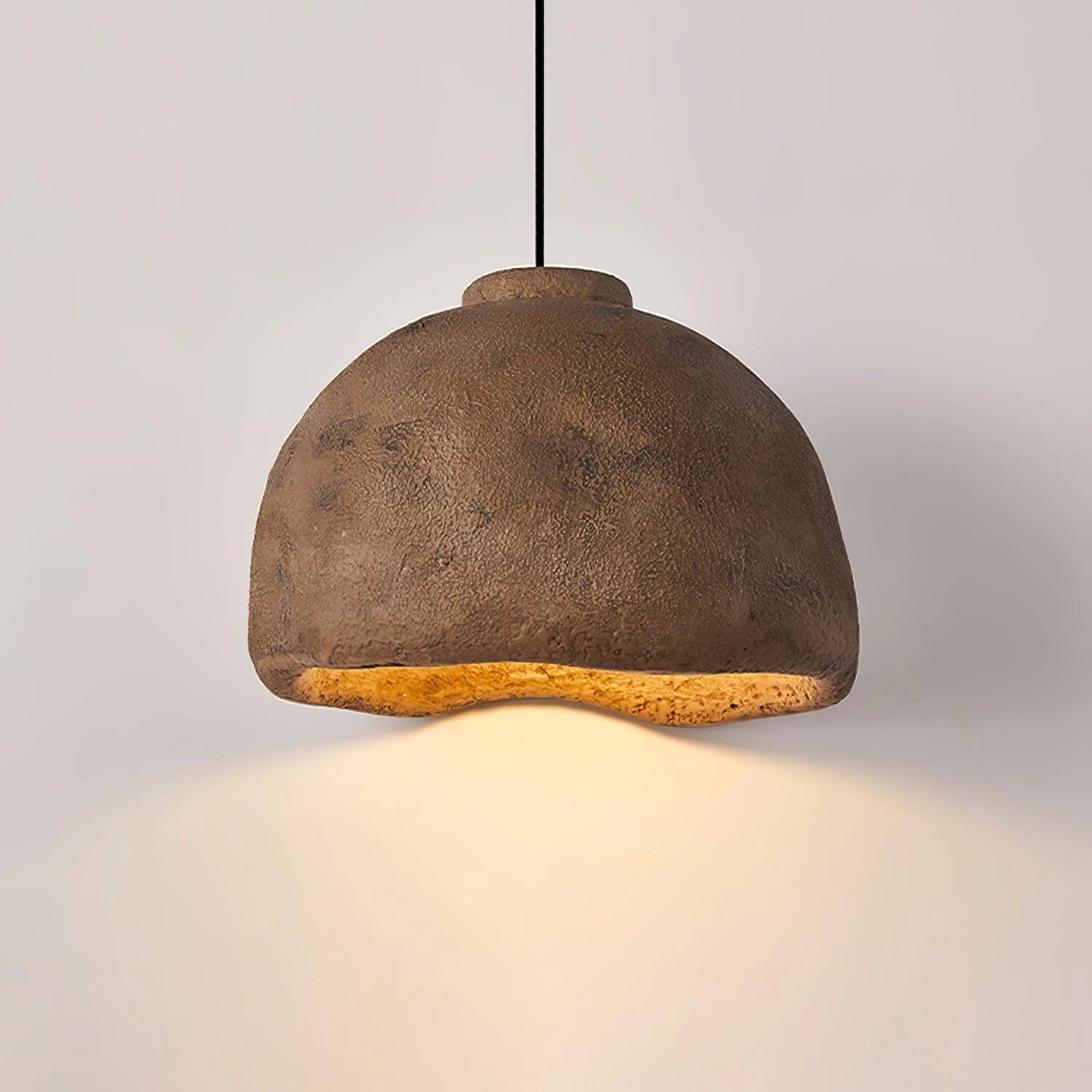 Industrial minimalist concrete pendant light with a 13.7-inch diameter in a brown hue, featuring a simple and eco-friendly design with a natural material construction and a beige-toned shade.