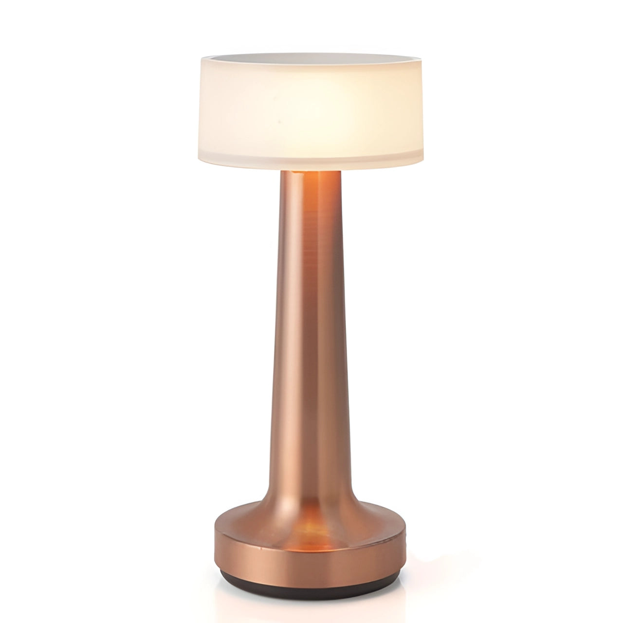 Rose gold copper LED table lamp with a frosted glass lampshade, modern design, rechargeable, touch control, placed on a wooden table.