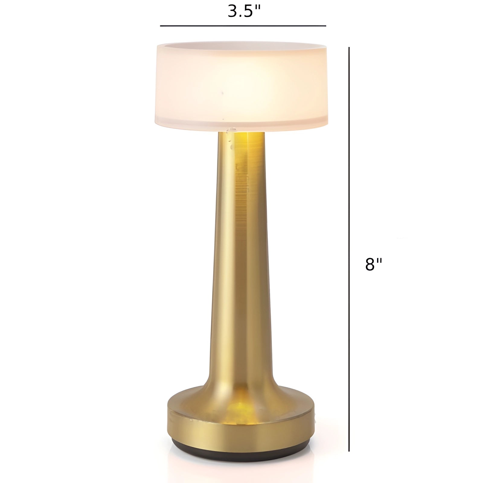 Modern copper LED table lamp with frosted glass lampshade, rechargeable, touch control, featuring a wooden base and metal accents.