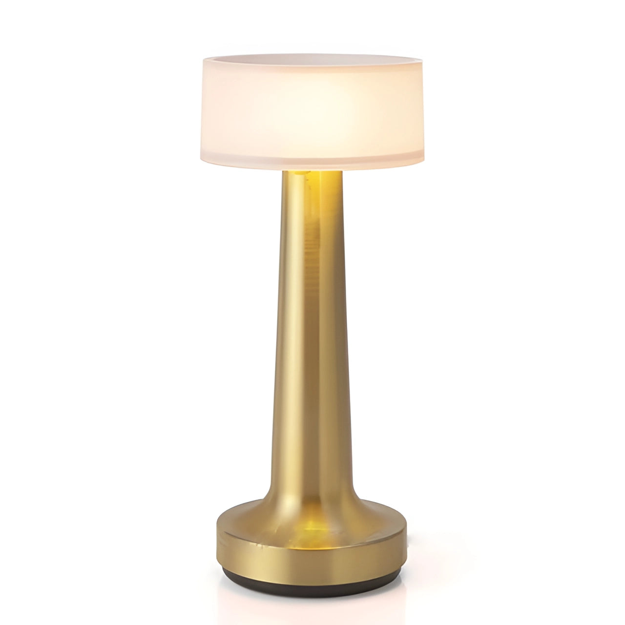 Modern copper LED table lamp with frosted glass shade, gold finish, rechargeable, and touch control, displayed on a wooden surface in a stylish interior setting.