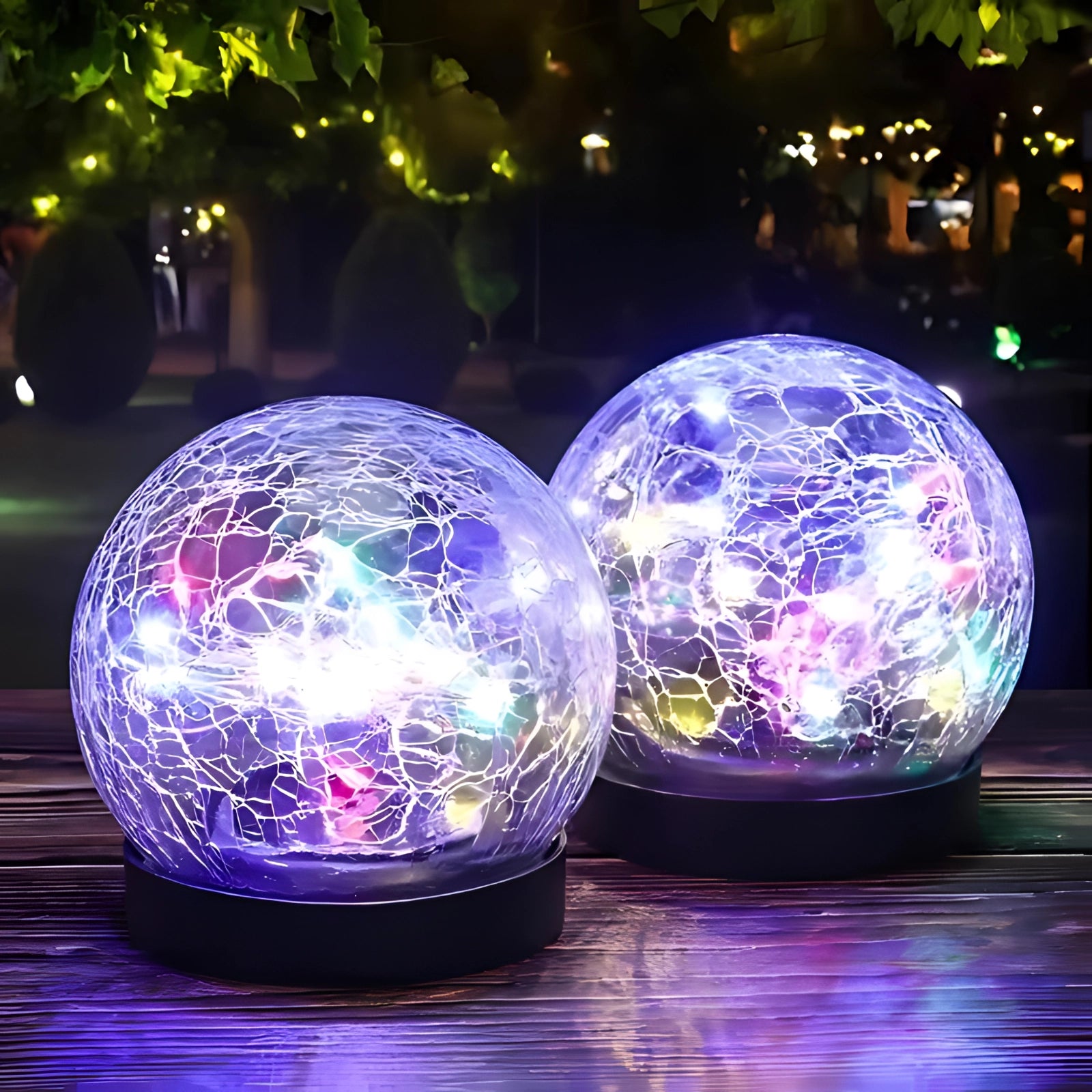 Crackled glass solar light globe with a multicolored LED illumination, featuring a mix of purple and electric blue hues, showcasing a symmetrical circular pattern.