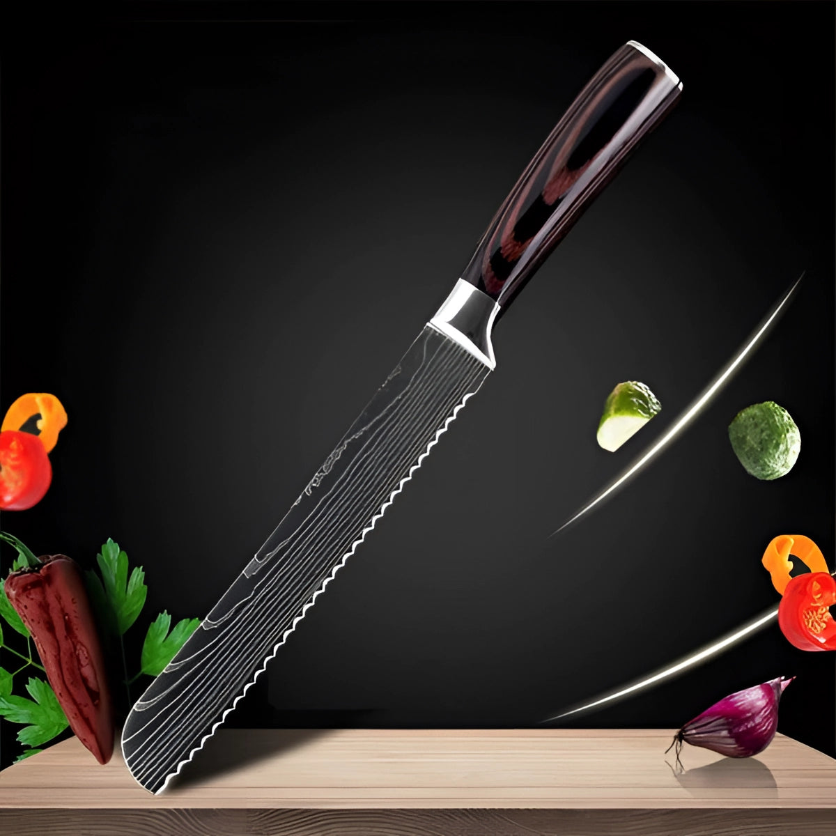 Damascus steel 8" bread knife with a high-carbon blade and wood handle, displayed on a kitchen countertop.