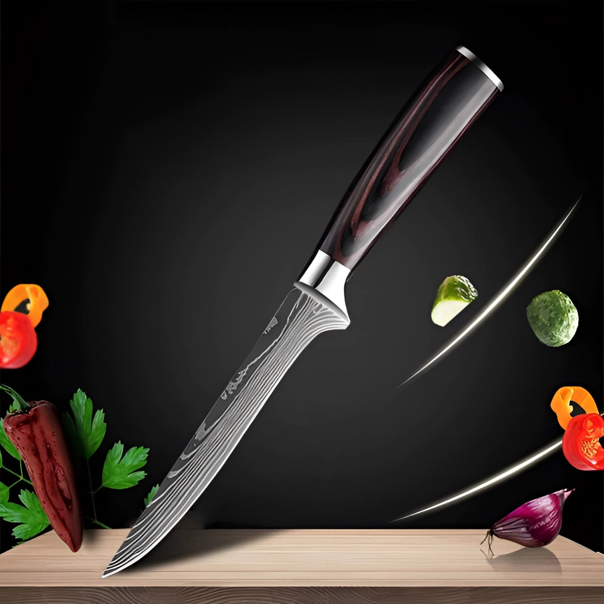 Damascus steel 6-inch fillet knife with a high-carbon blade and a polished wood handle, displayed on a kitchen table.