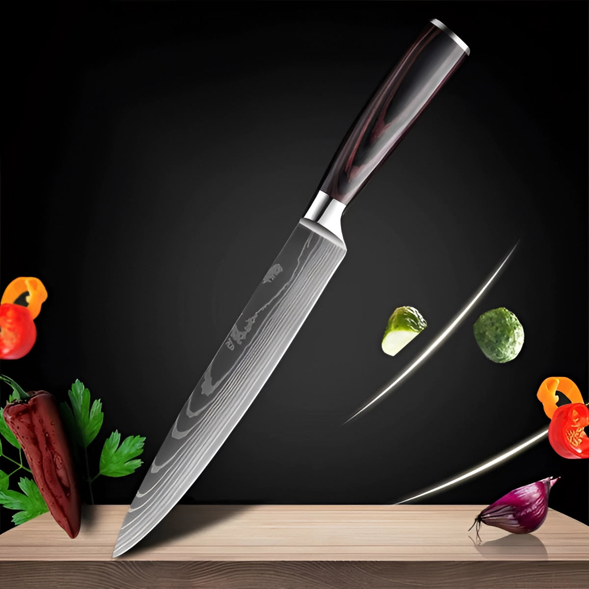 A high-carbon Damascus steel slicing knife with a wooden handle, part of the premium chef knife set. The knife features a sharp, patterned blade typical of Damascus steel, ideal for precise slicing tasks in the kitchen.
