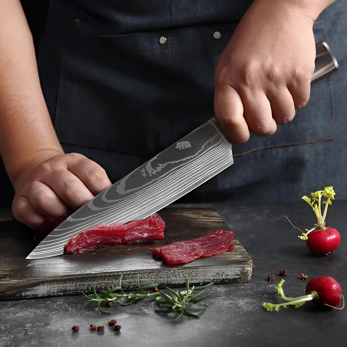 Damascus steel chef knife set with high-carbon blades and wooden handles, shown alongside a hand holding the knife, suitable for preparing natural foods and ingredients.