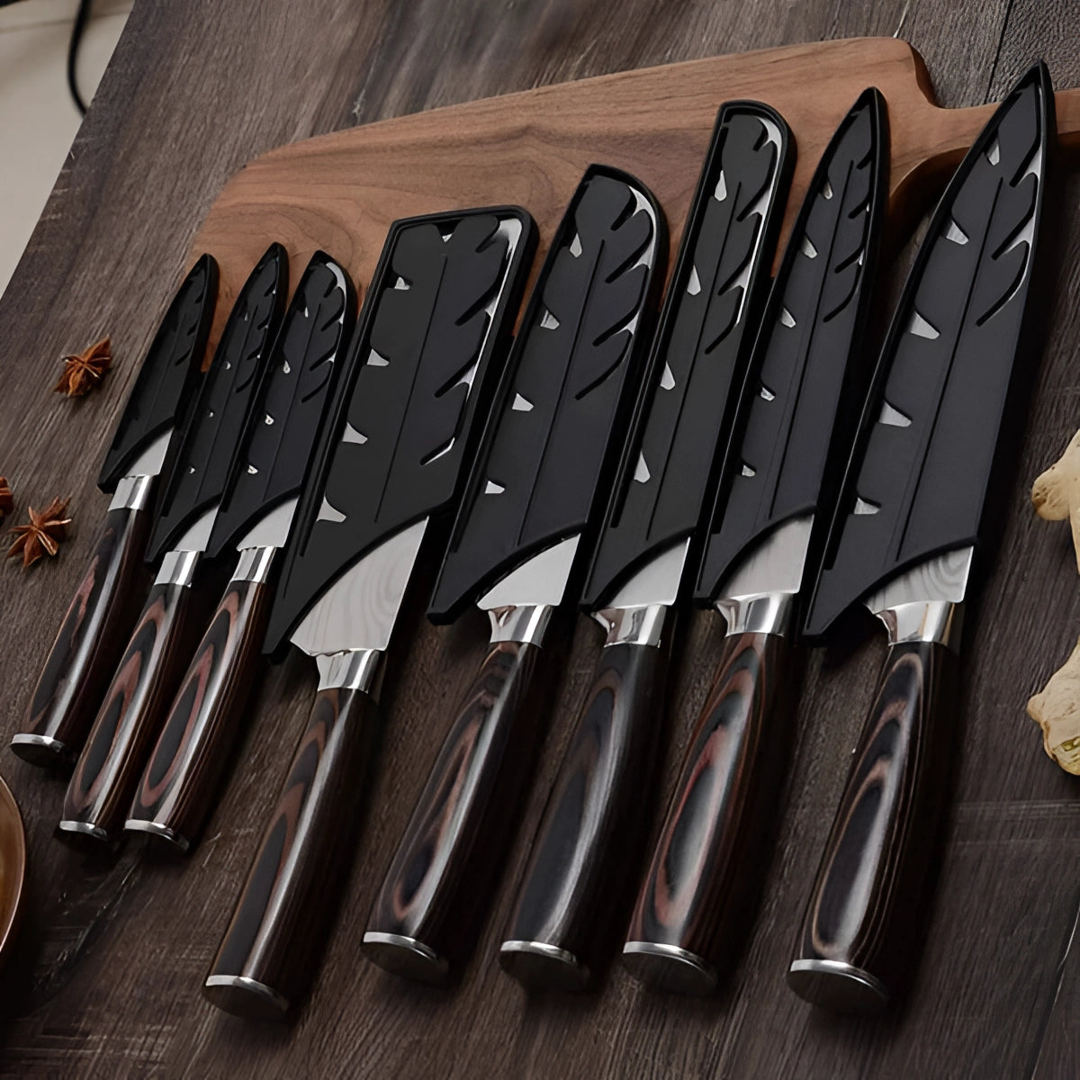 Damascus steel chef knife set with high-carbon blades and wooden handles, displayed with multiple knives showcasing their premium craftsmanship and elegant design.