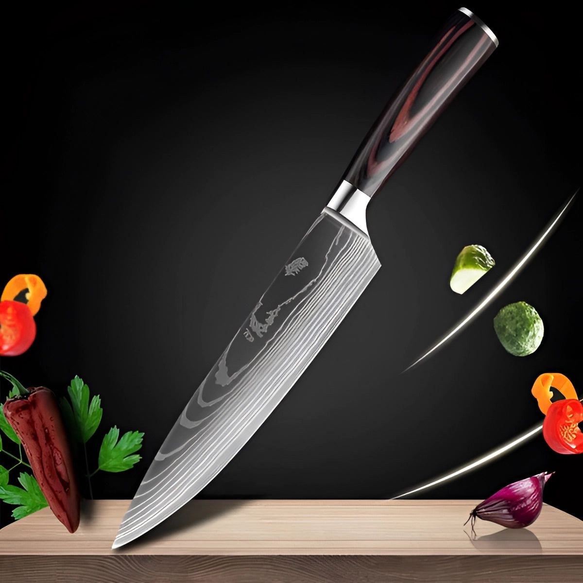 Damascus steel 8-inch chef knife with a high-carbon blade and a premium wood handle, designed for precision and versatility in the kitchen.