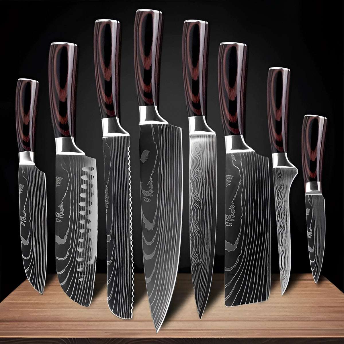 Damascus Steel Chef Knife Set featuring eight knives with high-carbon blades and premium wood handles arranged neatly on a kitchen countertop.