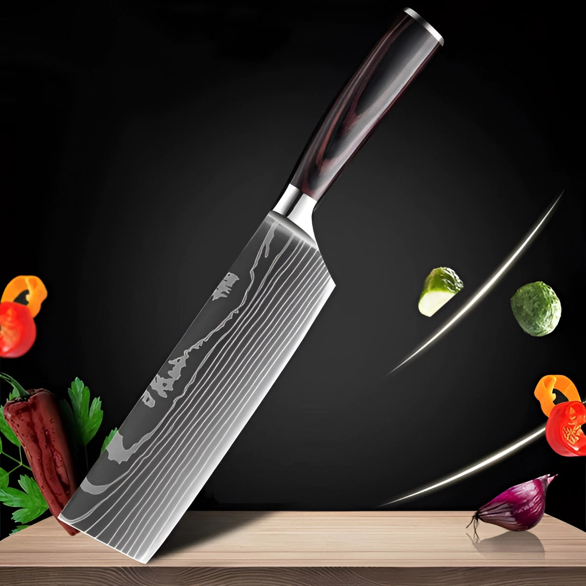 Damascus Steel Chef Knife with a high-carbon blade and wooden handle, featuring a 7-inch HACKMESSER design, displayed on a clean and minimalistic background.