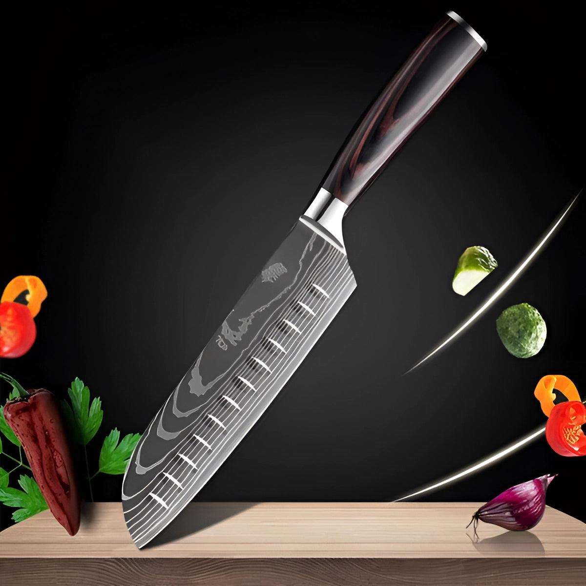 Damascus Steel Chef Knife with a 7-inch Santoku blade, featuring a high-carbon metal finish and a polished wood handle, showcased on a neutral background.