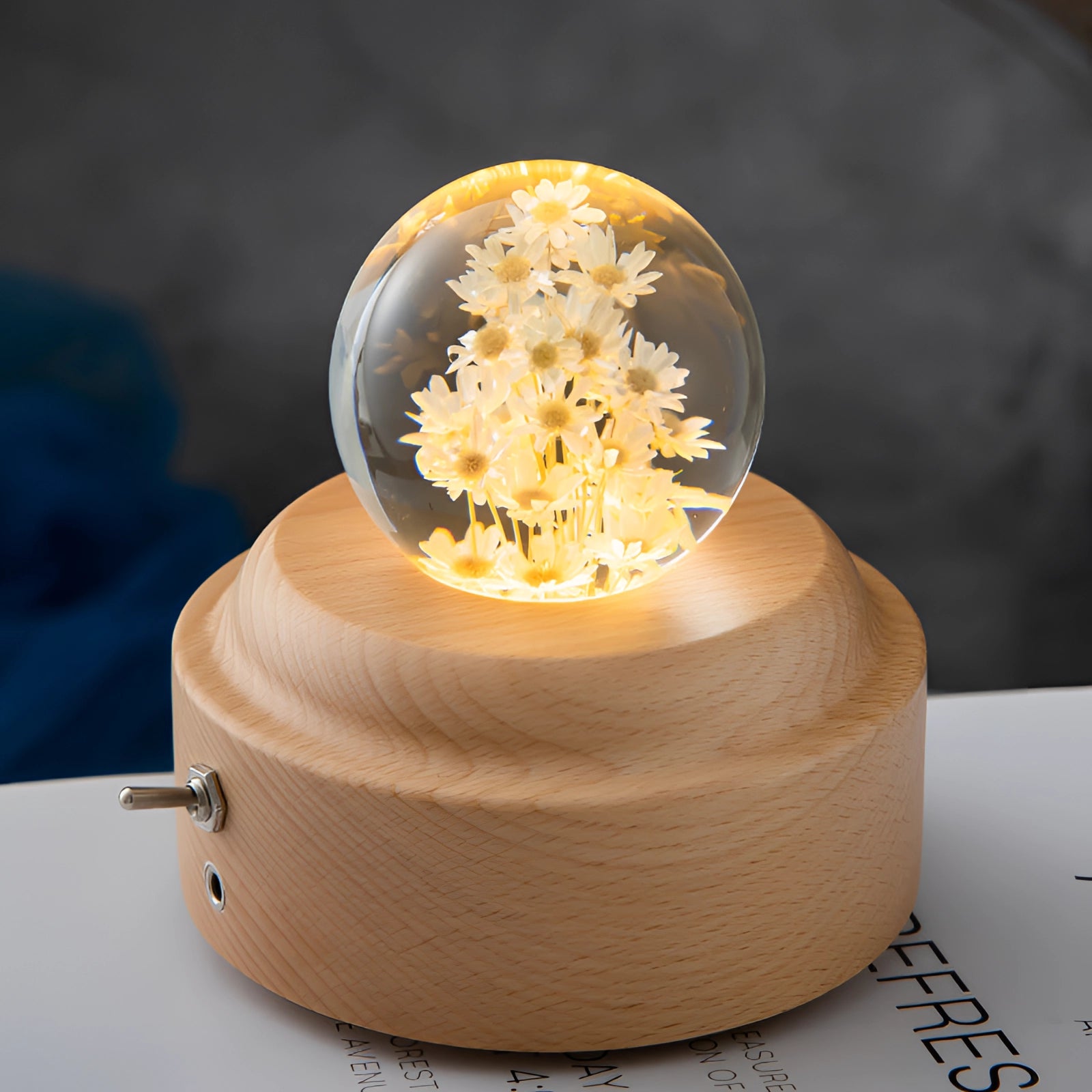 Dandelion Resin Lamp with LED Wooden Base featuring embedded yellow daisies, unique botanical night light design.