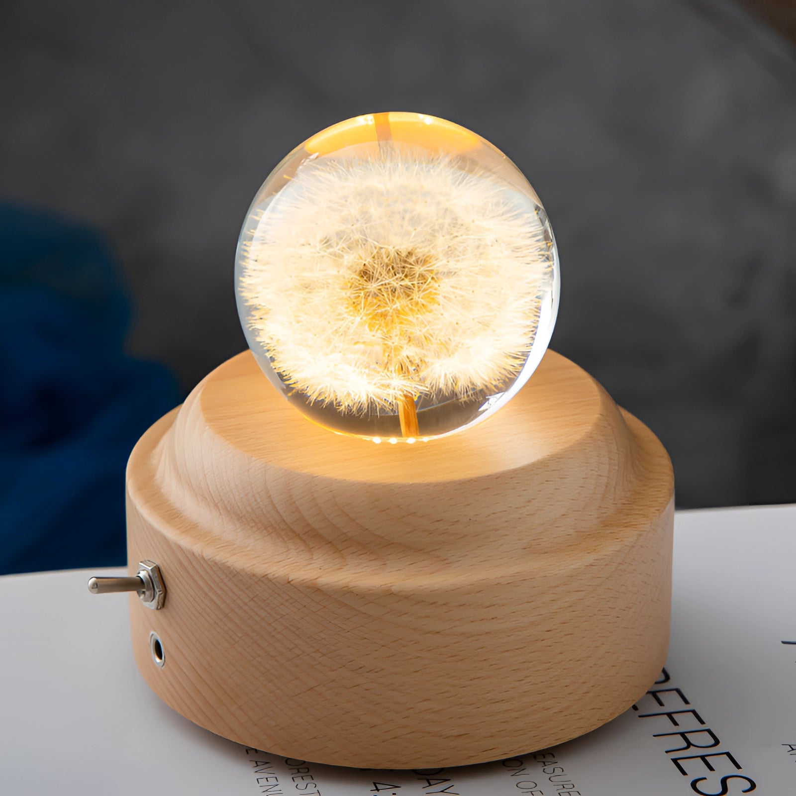 A round dandelion resin lamp with an LED wooden base, showcasing a unique botanical design that serves as a decorative night light.