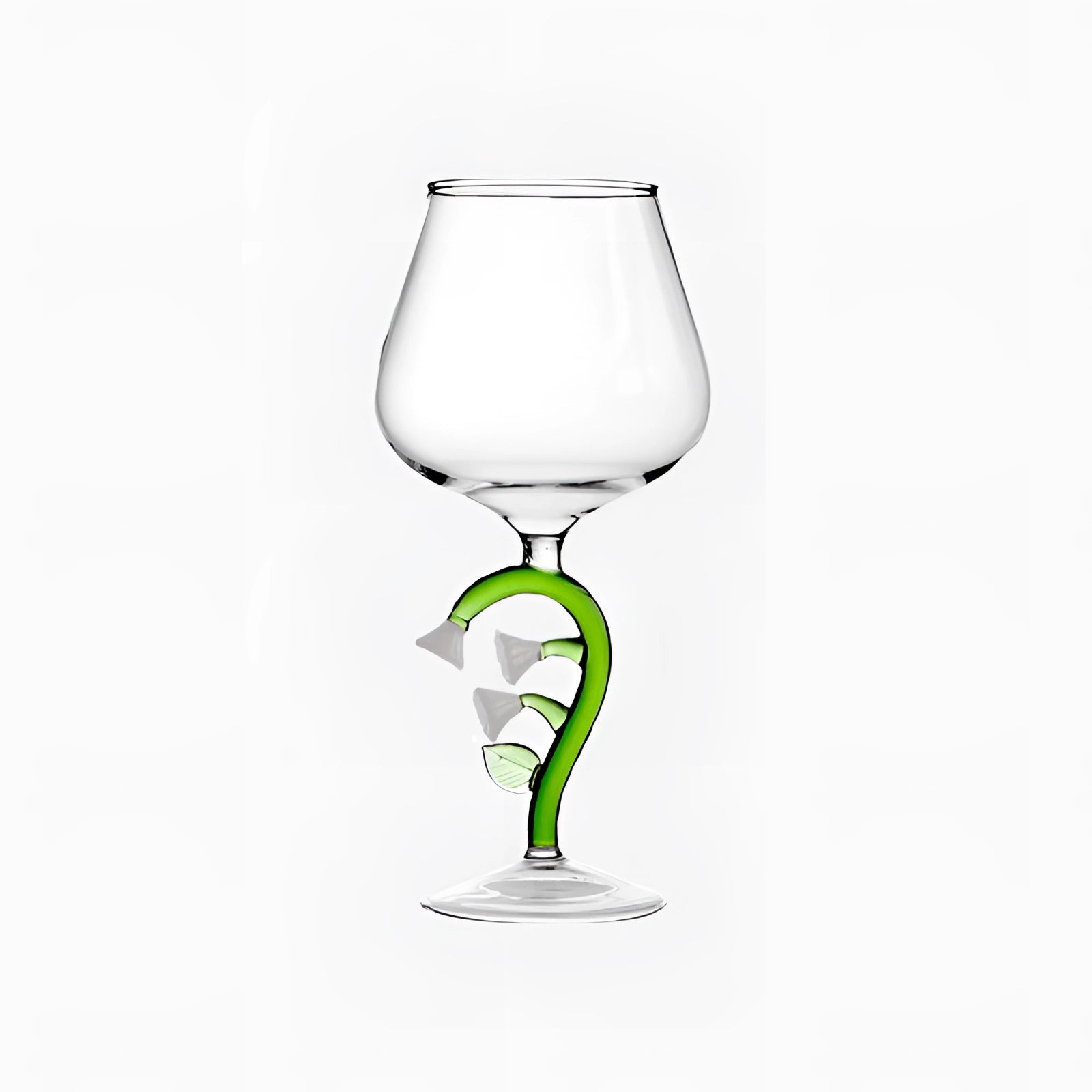 A set of two decorative artistic handcrafted vineyard wine glasses with lily design, featuring elegant stemware ideal for serving wine or champagne.