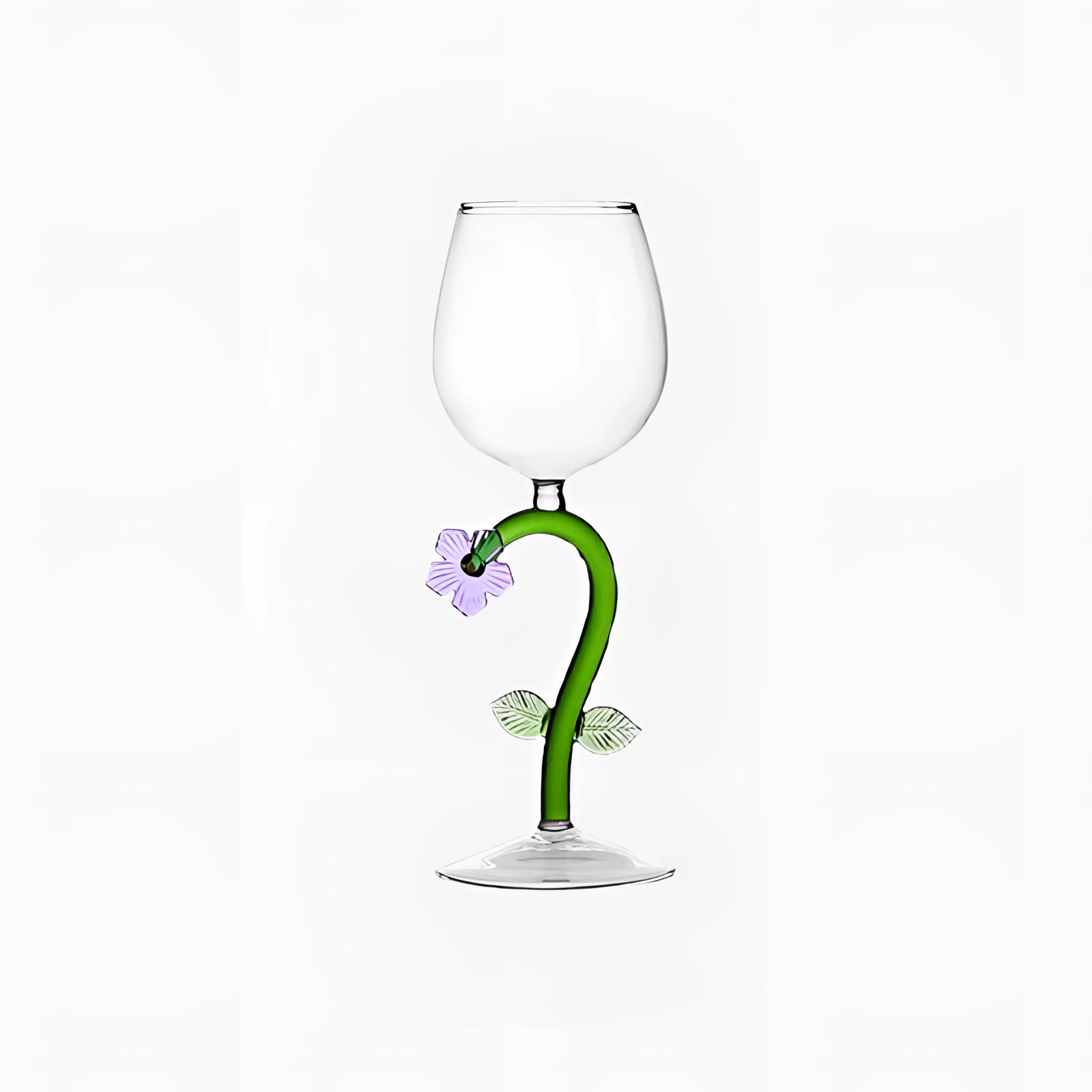 A set of two violet decorative artistic handcrafted vineyard wine glasses filled with liquid, showcasing intricate design and elegant stemware.
