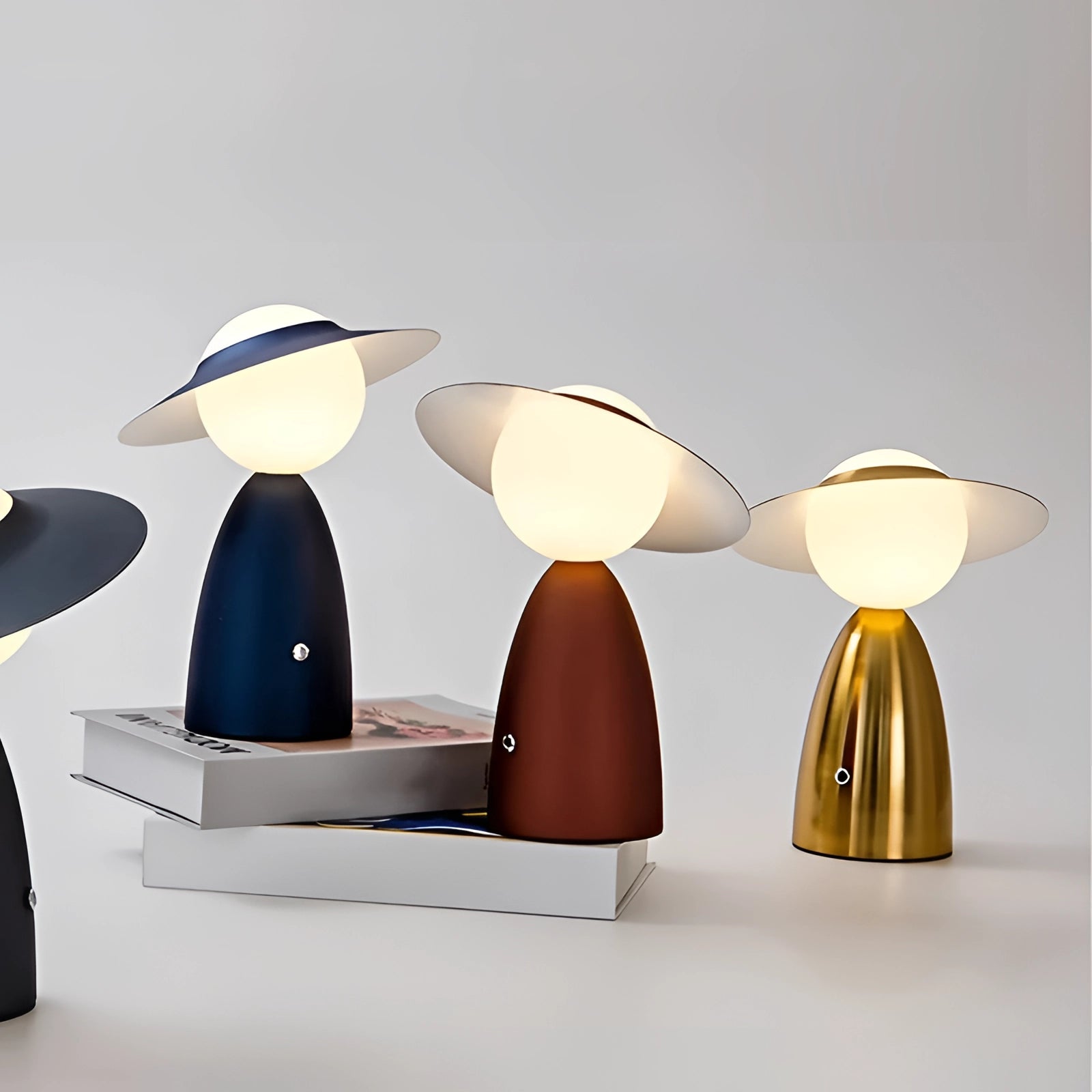 A modern UFO-shaped table lamp with a mushroom design, featuring artistic and sleek elements, perfect for bedside lighting.