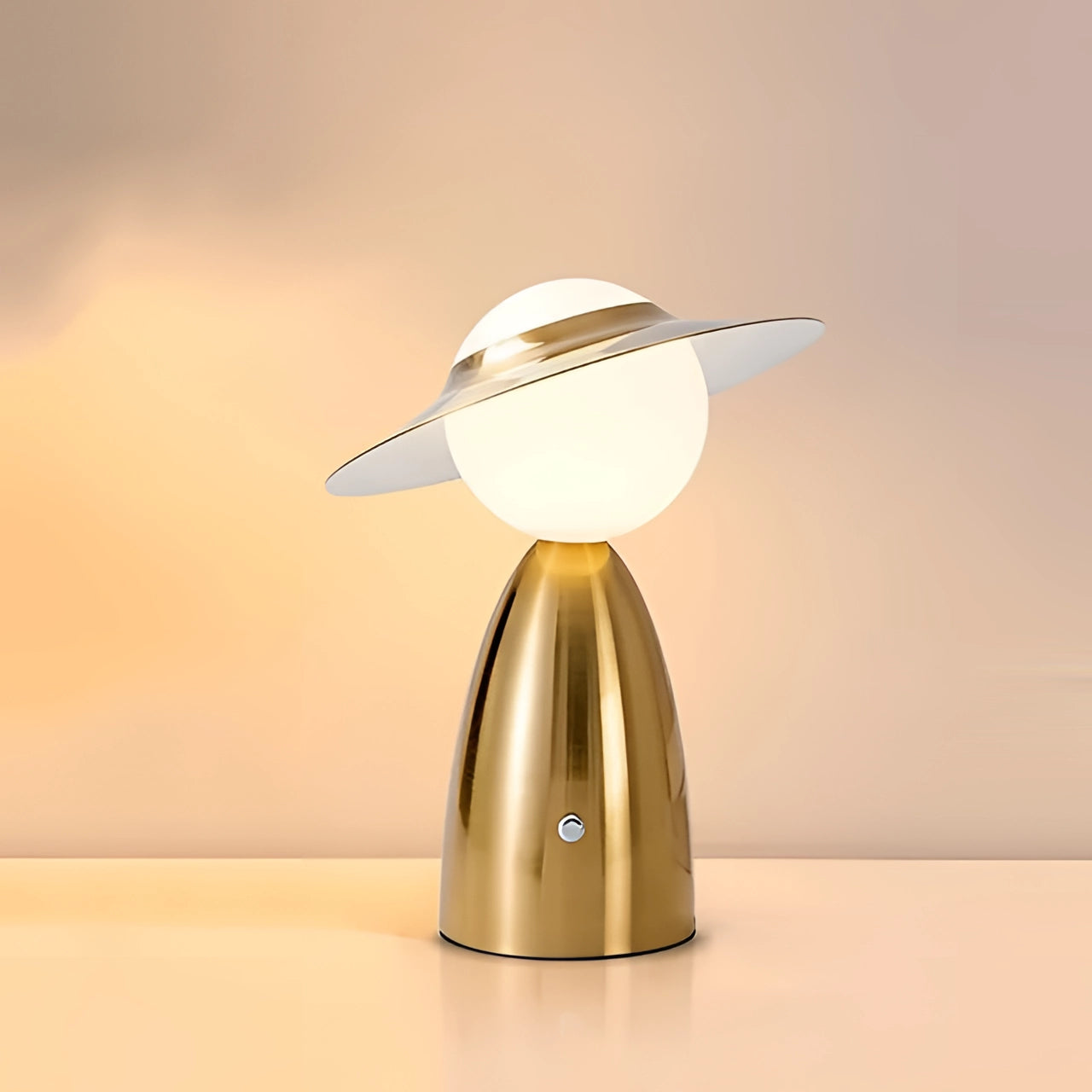 Designer Mushroom Lamp in Gold - Modern UFO Table Lamp with Artistic Design, Suitable for Bedside Lighting, Featuring a Metal and Wood Base.