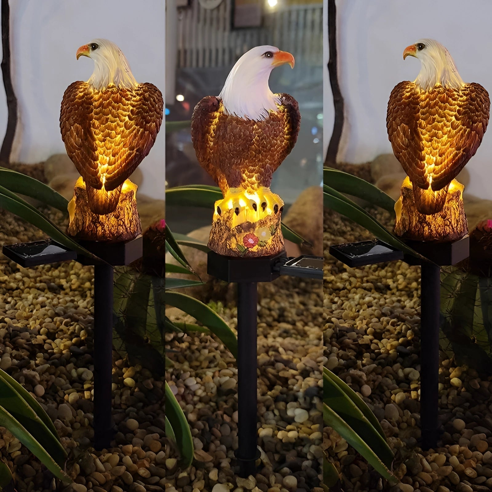 An eagle-shaped solar LED statue featuring intricate feathers and a prominent beak, positioned in a garden setting with plants. The statue emits light, capturing a blend of natural and metallic textures with glass-like elements, symbolizing a patriotic theme.