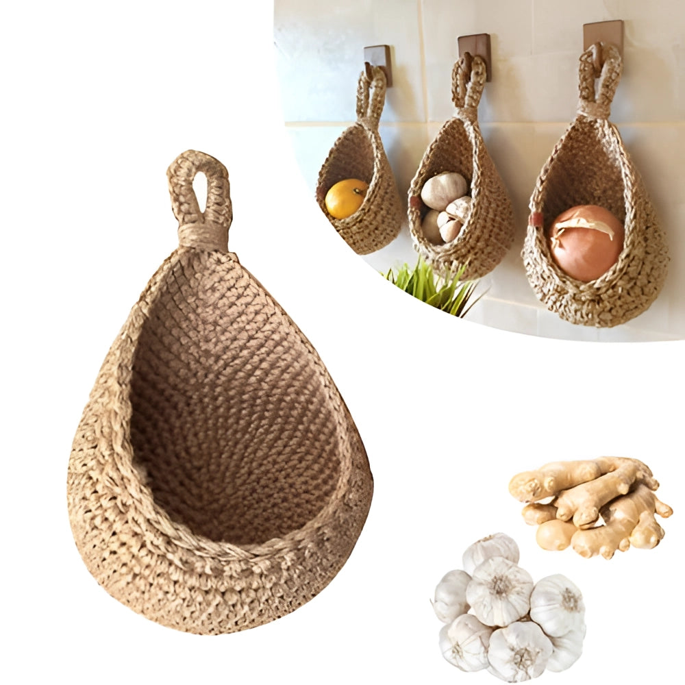 Eco-friendly jute hanging basket displayed with a rustic and boho chic aesthetic, featuring natural material texture and a plant nestled inside, evoking a sense of organic and earthy decor.