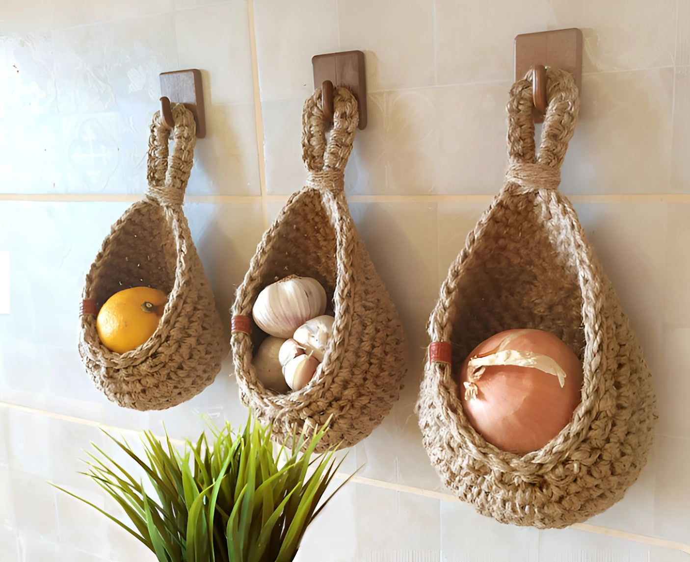 Eco-friendly jute hanging basket filled with lush green plants, showcasing its rustic and boho chic decor style against a wooden background.