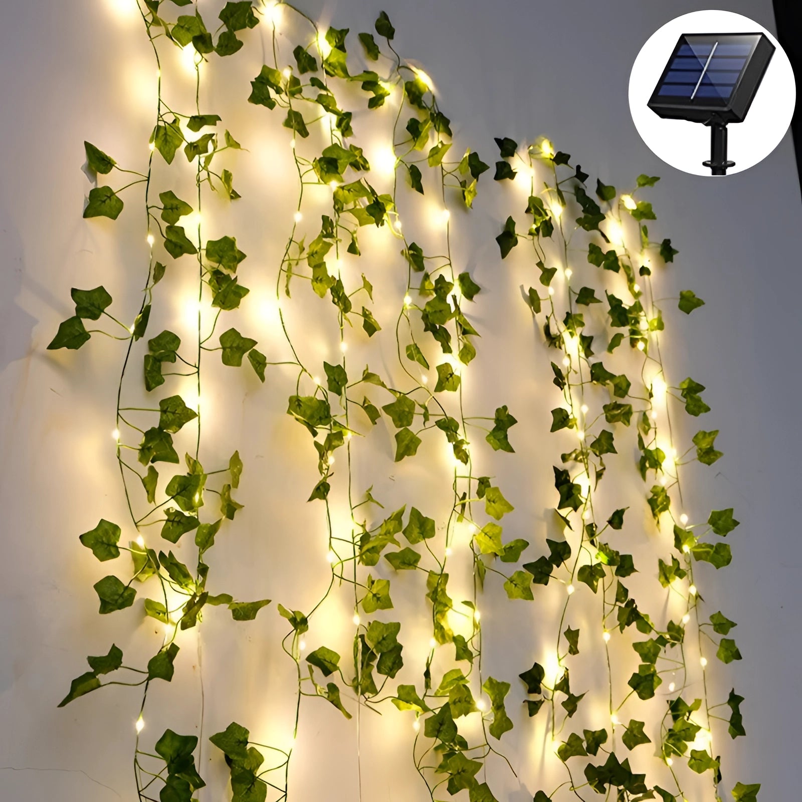 Eco-friendly LED ivy fairy lights featuring maple leaf design, 10 meters long with 100 lights, resembling a vine with lush foliage and warm illumination.
