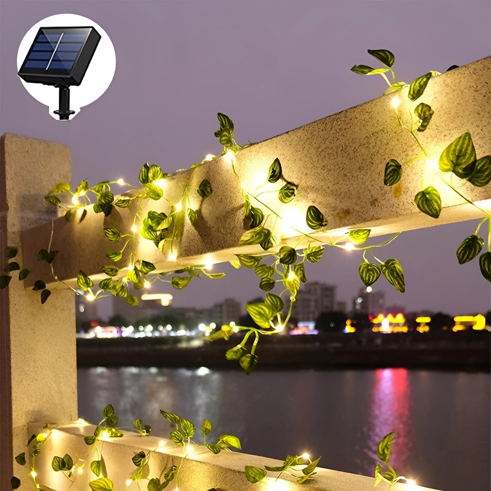 Eco-friendly LED ivy fairy lights emitting a warm yellow glow, intricately woven into an ivy vine design, ideal for decorative purposes in leisure spaces or events, hanging elegantly from a ceiling.