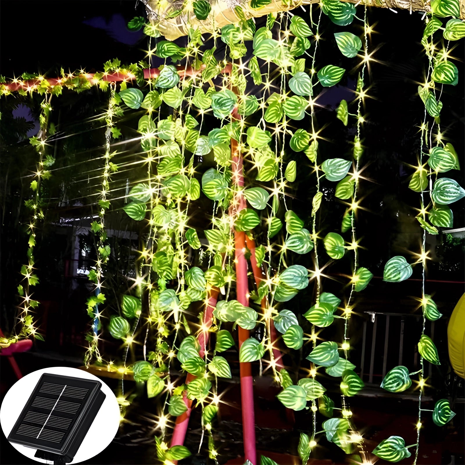 Eco-friendly LED ivy fairy lights with watermelon leaf design, featuring a 10-meter vine with 100 battery-operated LEDs, displayed in a decorative setting.