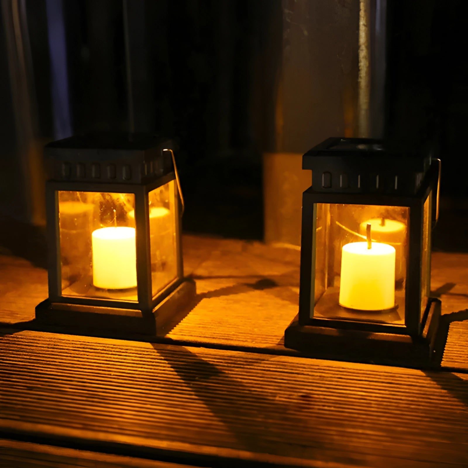 Eco-friendly outdoor LED lantern with an amber glow, designed to mimic the look of a traditional candle flame, suitable for weather-resistant and decorative lighting.