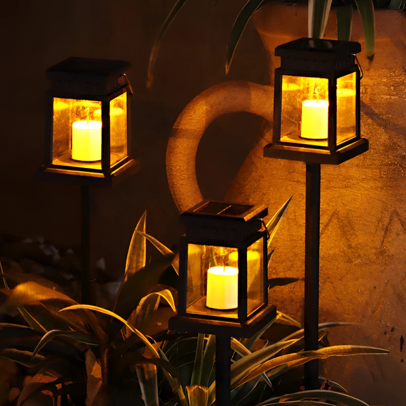 Eco-friendly outdoor LED lantern with an amber glow, featuring a decorative design and weather-resistant materials.