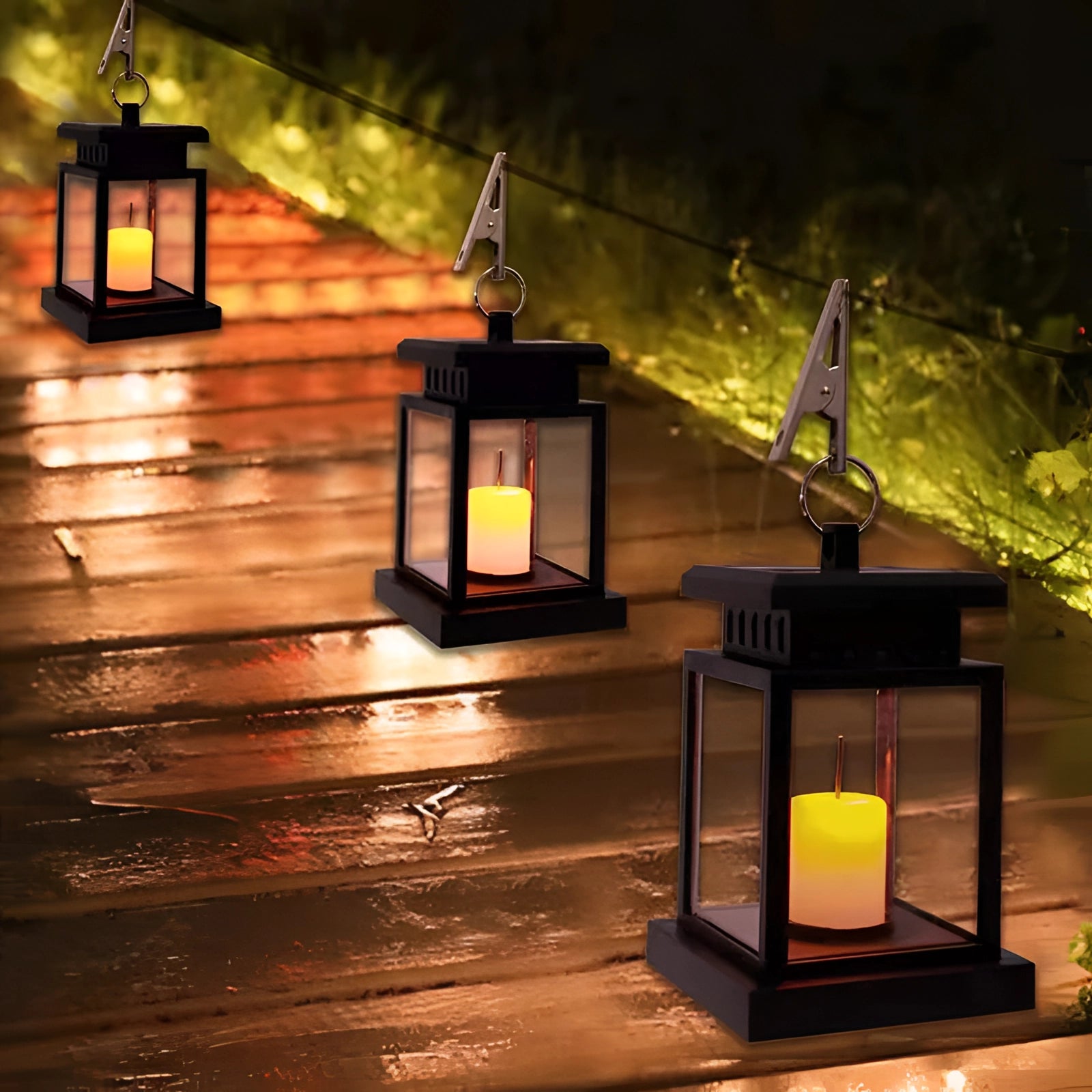 Eco-friendly outdoor LED lantern with an amber glow, featuring a decorative wooden design ideal for landscape lighting in dark environments.