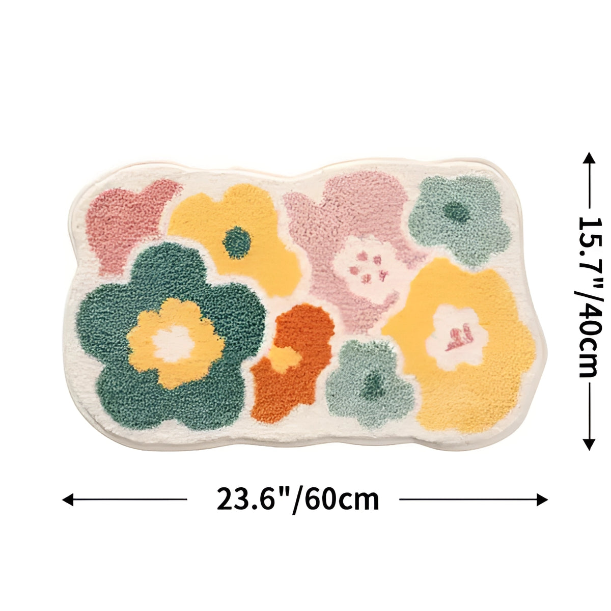 Colorful floral non-slip bath rug with a decorative flower pattern featuring petals and circular designs, in a rectangular shape.