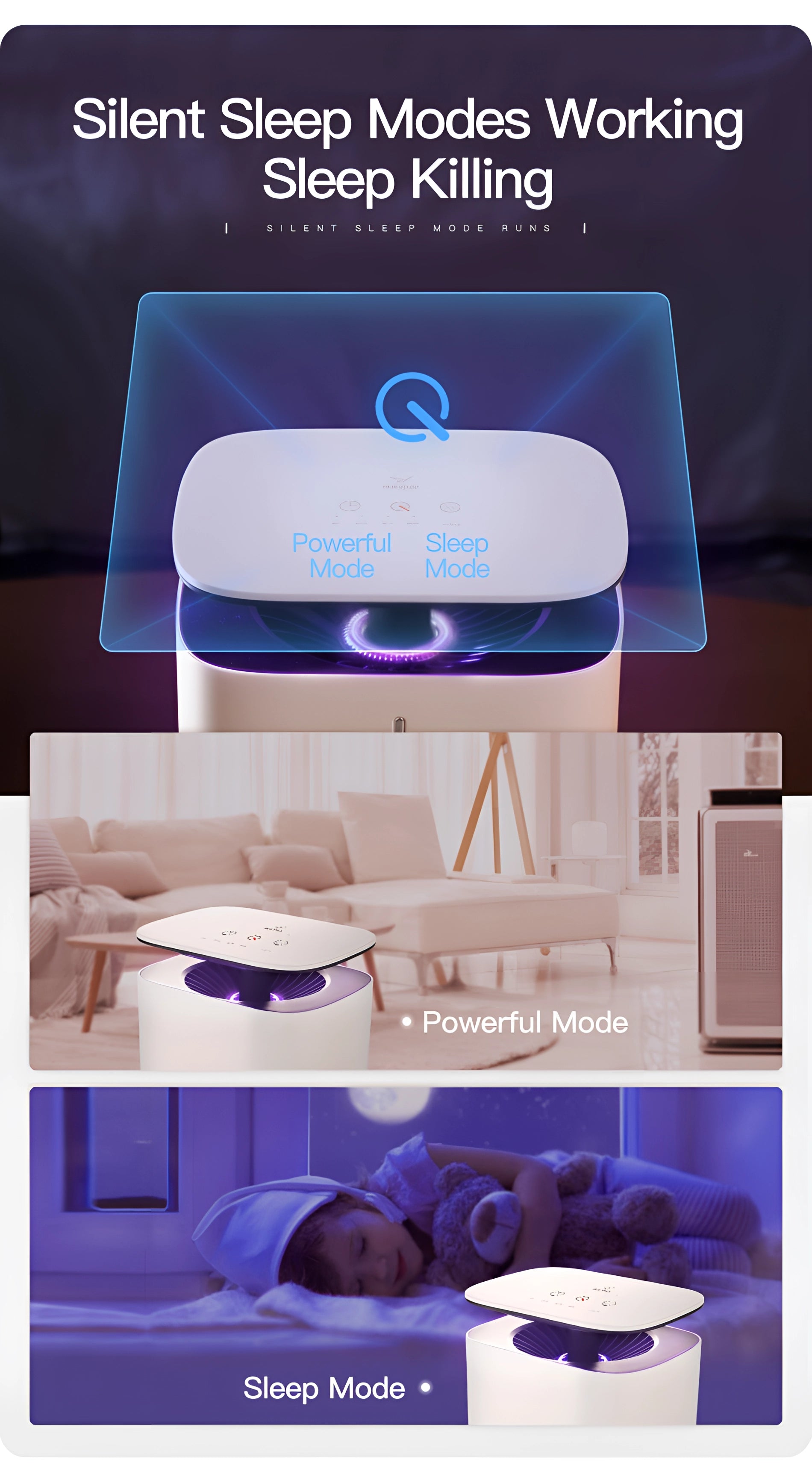 Futuristic compact multimedia projector with a sleek portable stand, featuring a modern design in white and blue with subtle hints of purple and azure, showcased in a well-lit setting.