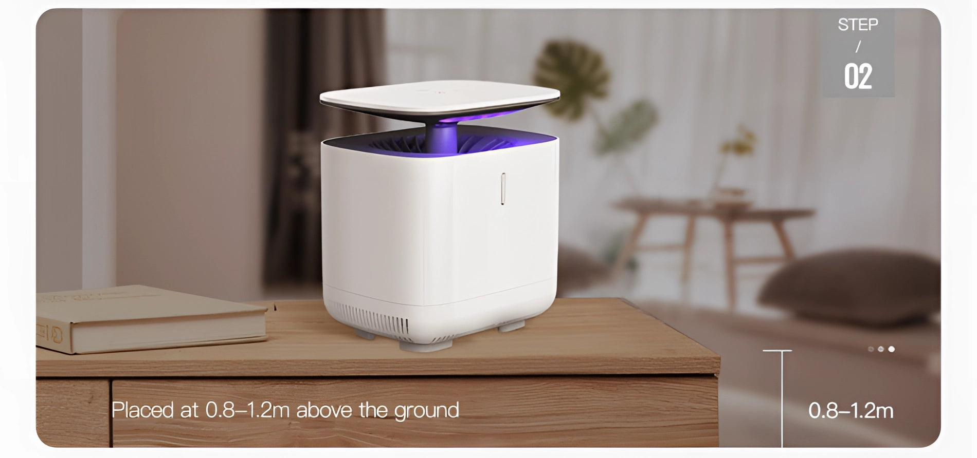 A compact multimedia projector with a sleek portable stand, featuring a modern design with a cylindrical shape, set on a wooden table.