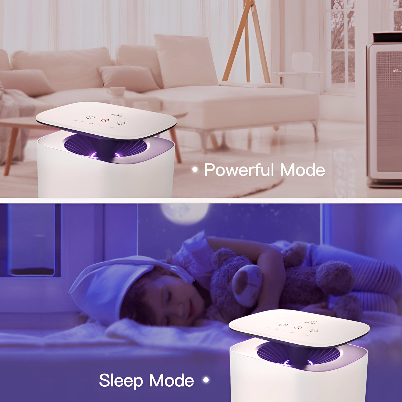Compact multimedia projector set on a sleek portable stand, featuring a contemporary design with a purple accent and azure details, displayed on a modern table with soft textile furnishings under ambient lighting, emphasizing comfort and sophistication.