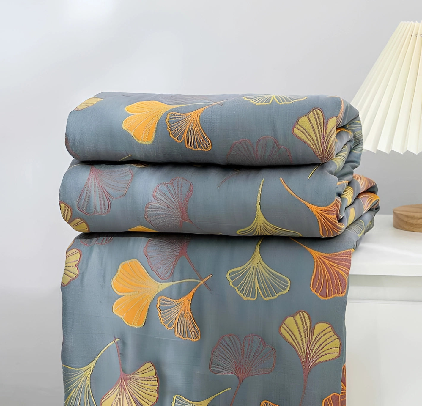 Ginkgo Leaf Pattern Duvet Cover in yellow and gray featuring a fall-themed design.