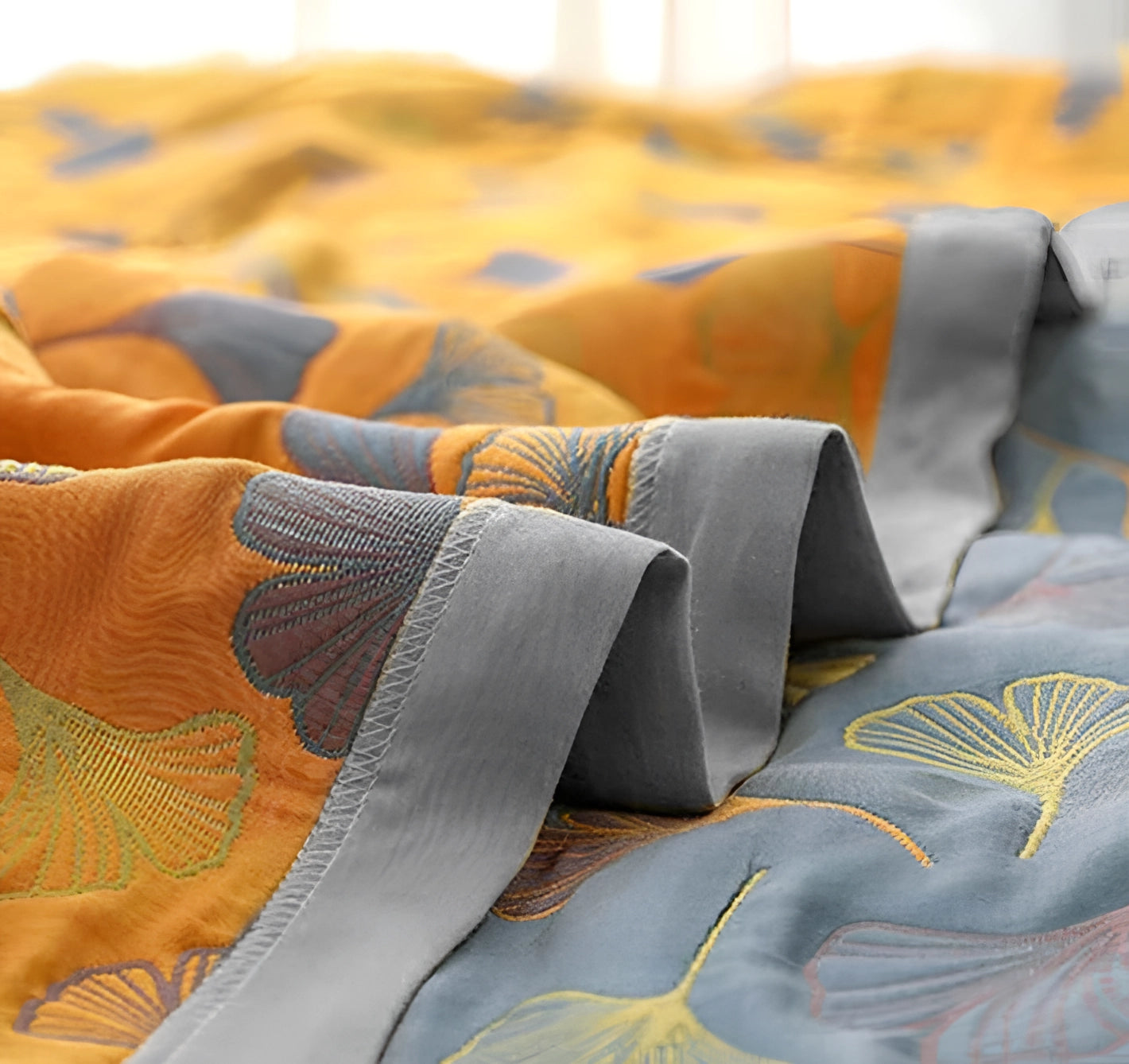 Ginkgo Leaf Pattern Duvet Cover in yellow and gray tones, featuring an intricate fall-themed design, providing a cozy and stylish bedding decor.