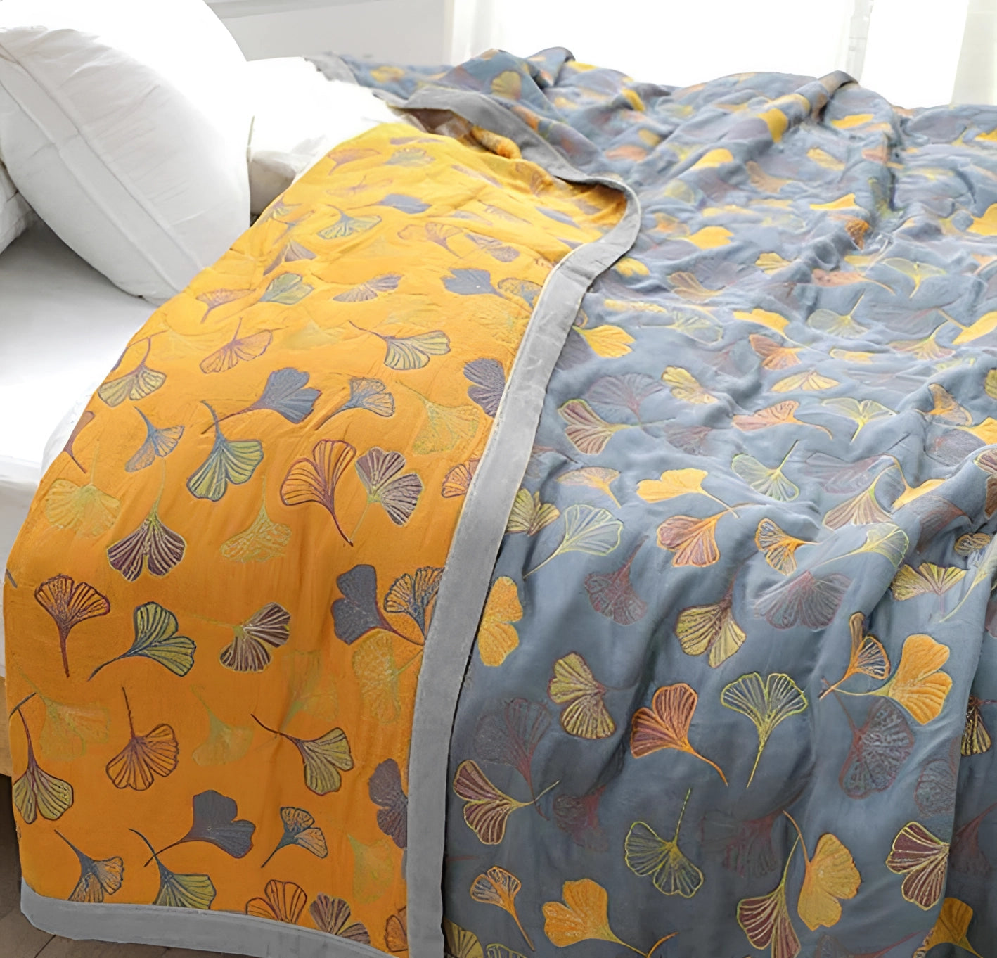 Yellow and gray duvet cover featuring a ginkgo leaf pattern, designed for fall bedding decor.