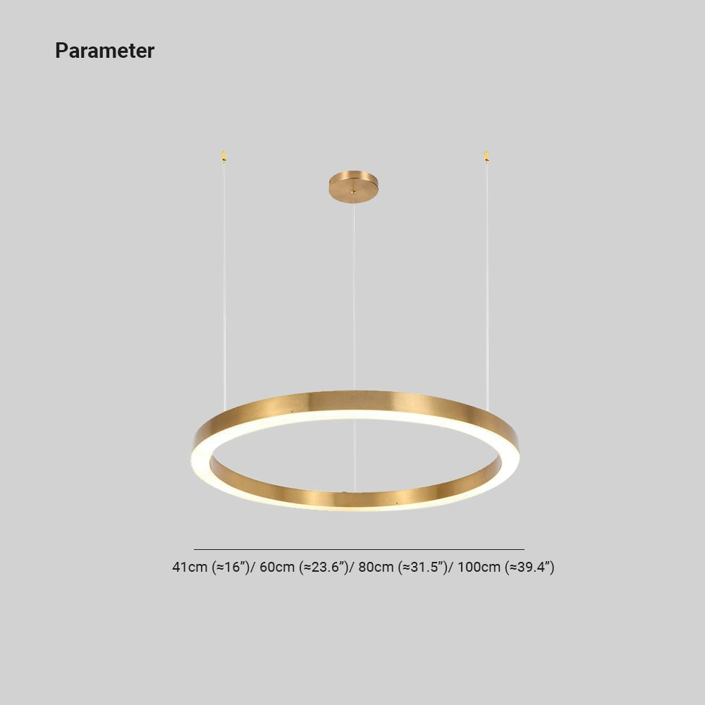 Modern minimalist gold circular LED chandelier hanging from the ceiling, showcasing its sleek metal design and contemporary style.