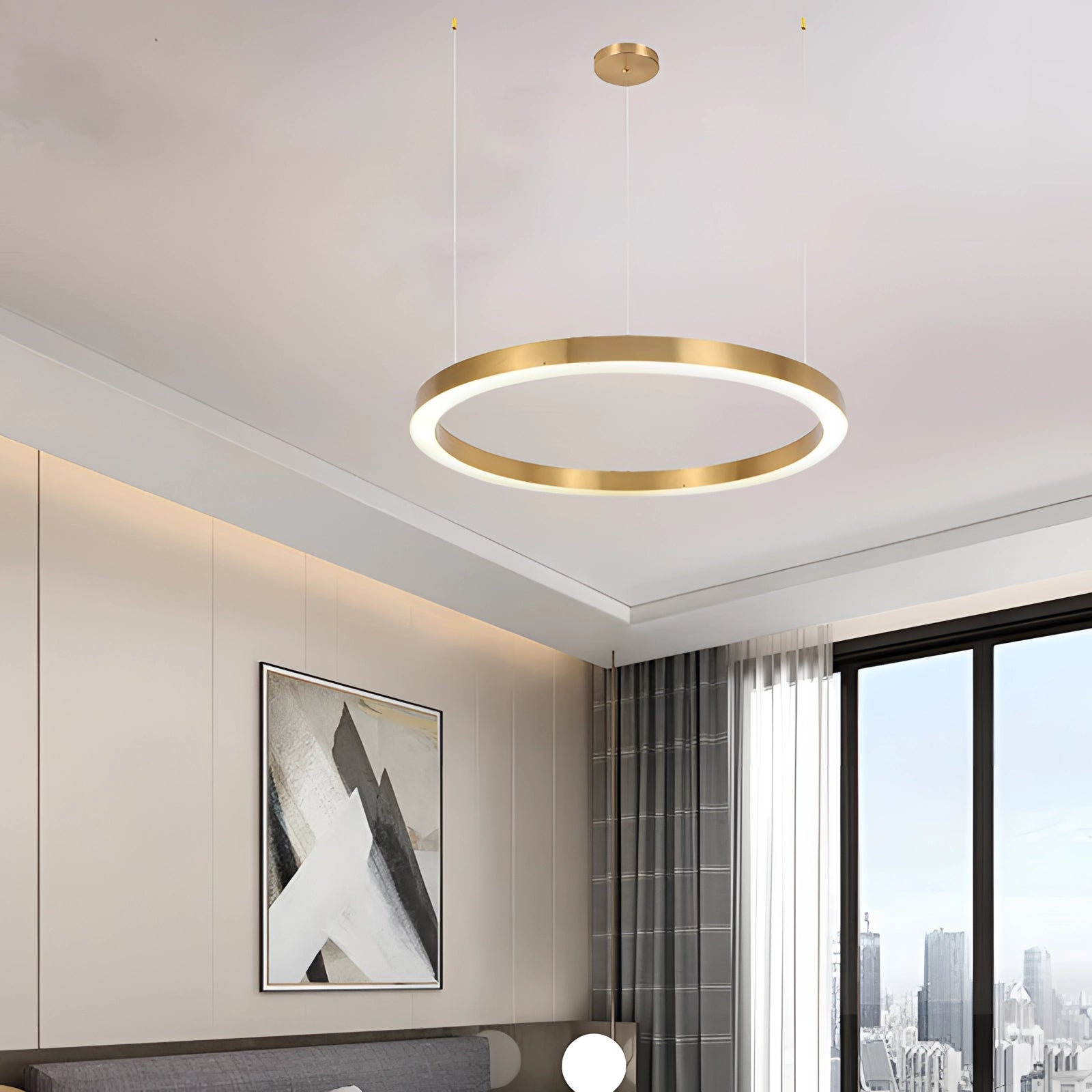 Gold Circular LED Chandelier with a minimalist design, hanging from the ceiling in a modern interior setting, featuring a 31.5-inch diameter and emitting white light.
