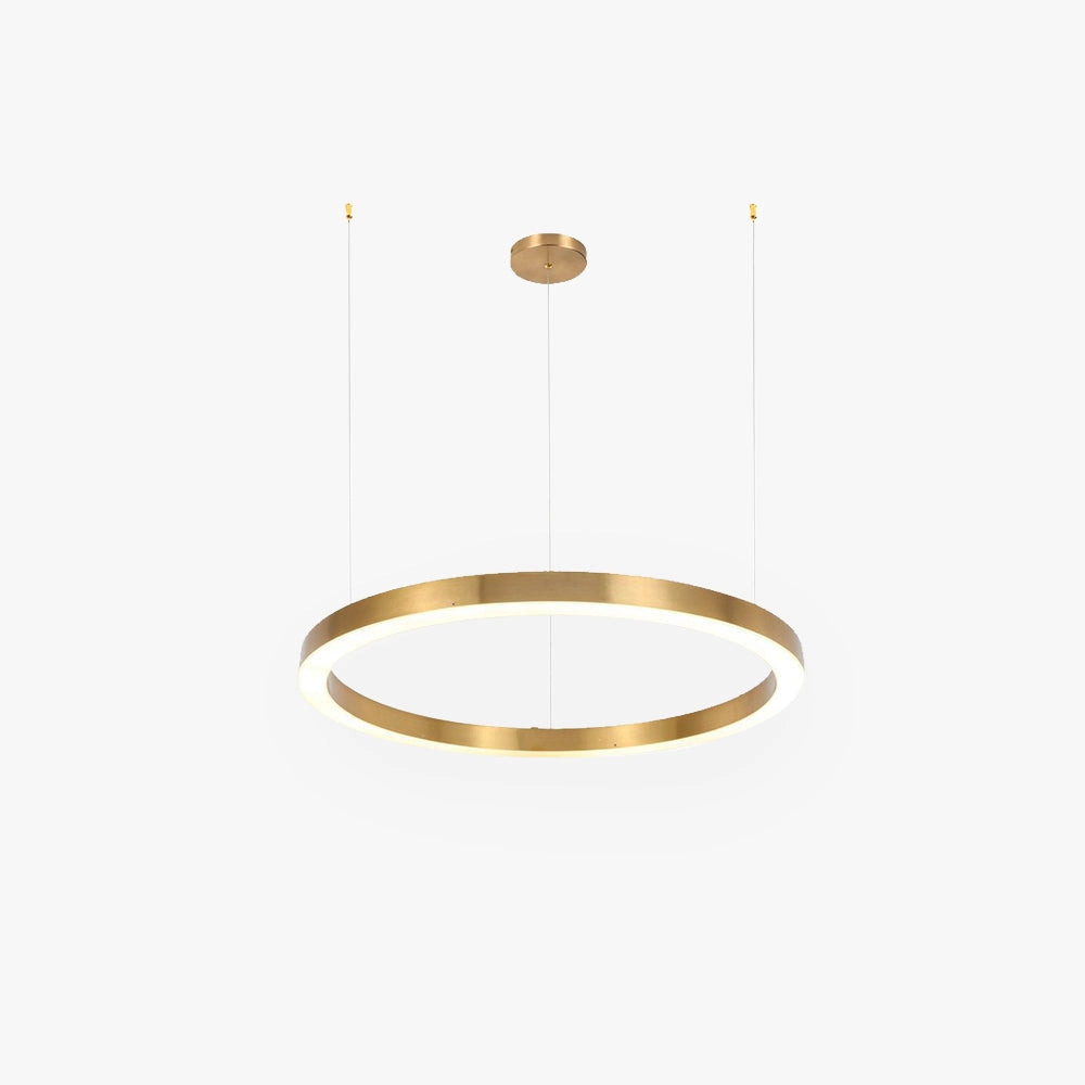 Gold circular LED chandelier with a modern minimalist design, featuring a sleek metal frame and suspended rings, suitable as a pendant light fixture for elegant interior spaces.