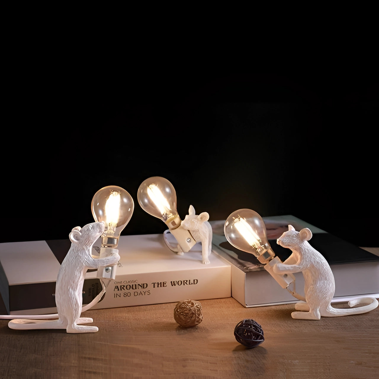 A white 3-piece set of gold mouse lamps featuring quirky animal shapes, perfect for eccentric home decor and adding a unique touch to any desk or living space.