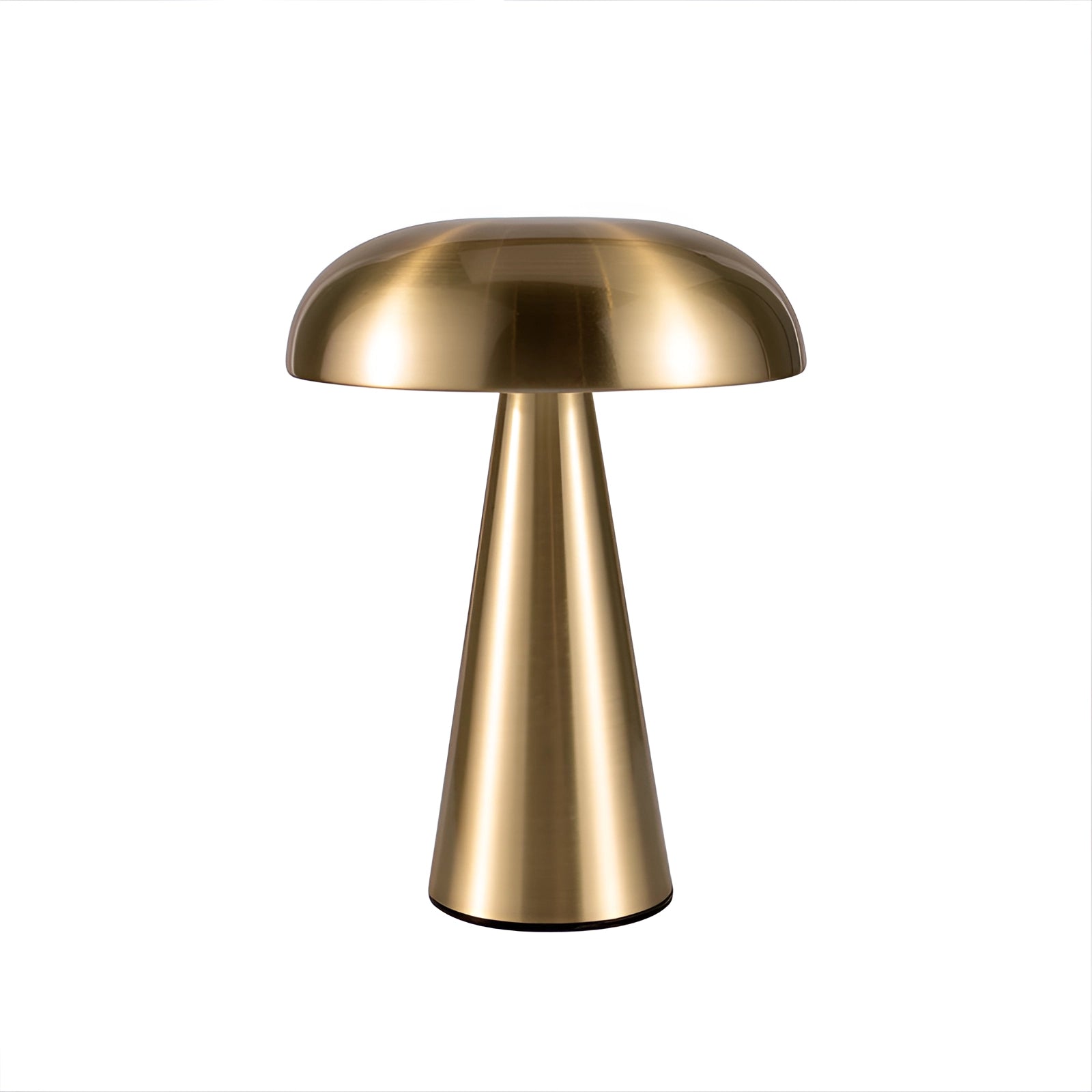 A sleek gold mushroom-shaped table lamp with a brushed metallic finish, featuring a modern design. The lamp has a smooth, rounded lampshade and is set on a sturdy base, suitable for desk or table use in contemporary home decor.