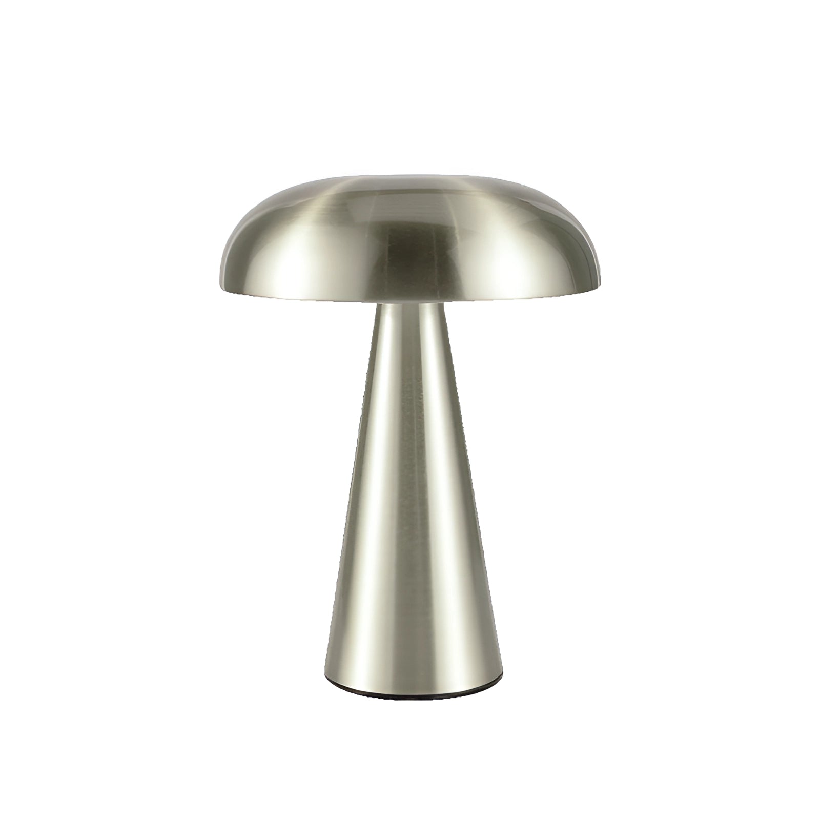 Silver mushroom-shaped table lamp with a sleek modern brushed metallic finish, featuring a circular lampshade and designed as a stylish desk light.