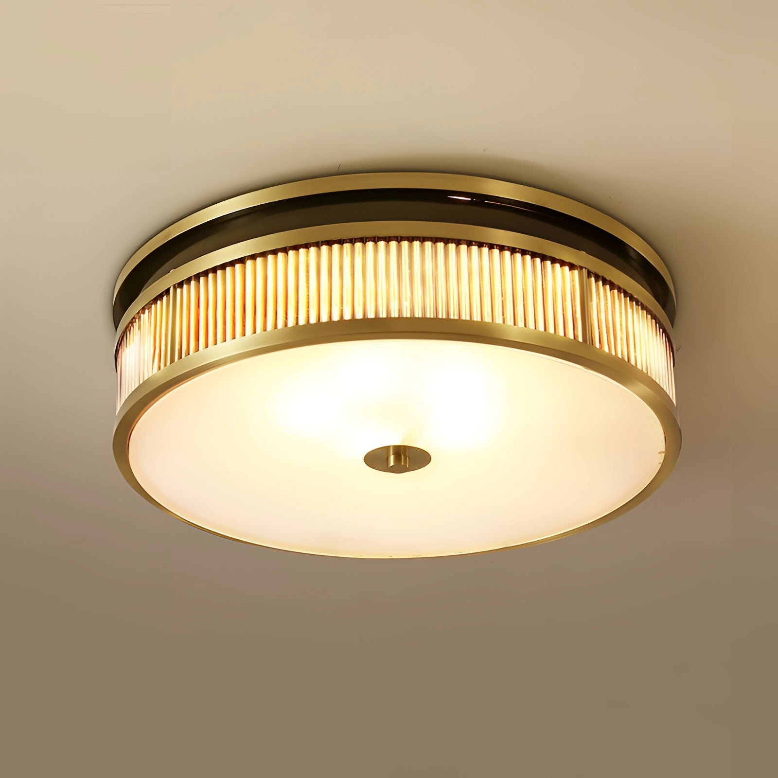 Gold-trimmed circular flush mount ceiling light with a diameter of 15.7 inches, featuring an elegant design with metallic accents and a soft, diffused glow.