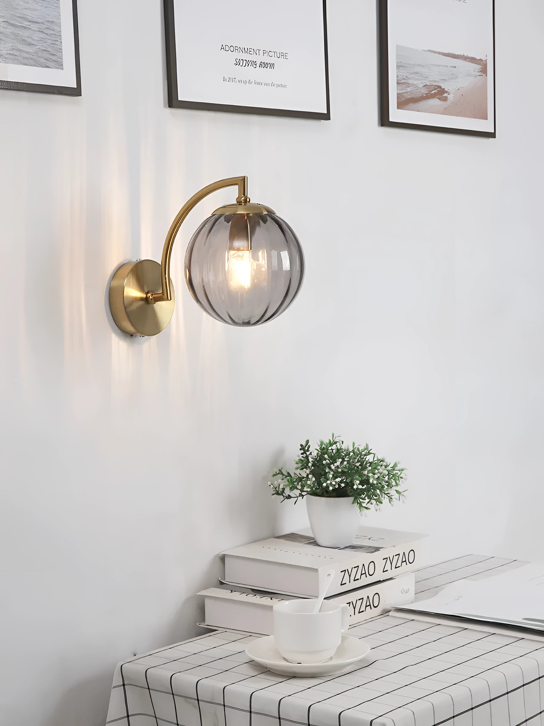 Gold wall sconce with ribbed glass globe mounted on a wall, modern brass design, with a mirror, houseplant, and picture frame in the background.